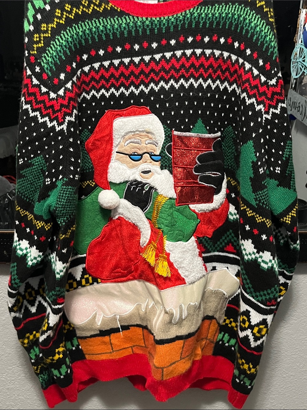 Holiday Time Men's Santa Crewneck Sweater - Black/Red/Green/Cream